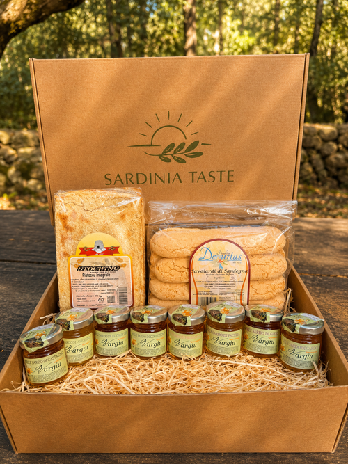 Box dolci sardi Durci con 8 mieli artigianali, biscotti tipici e pane pistoccu dell'Ogliastra